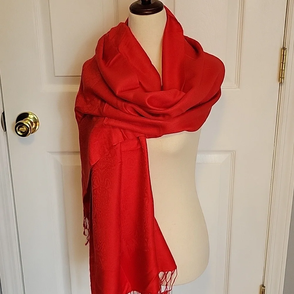 Red pashmina paisley fringe wrap, scarf